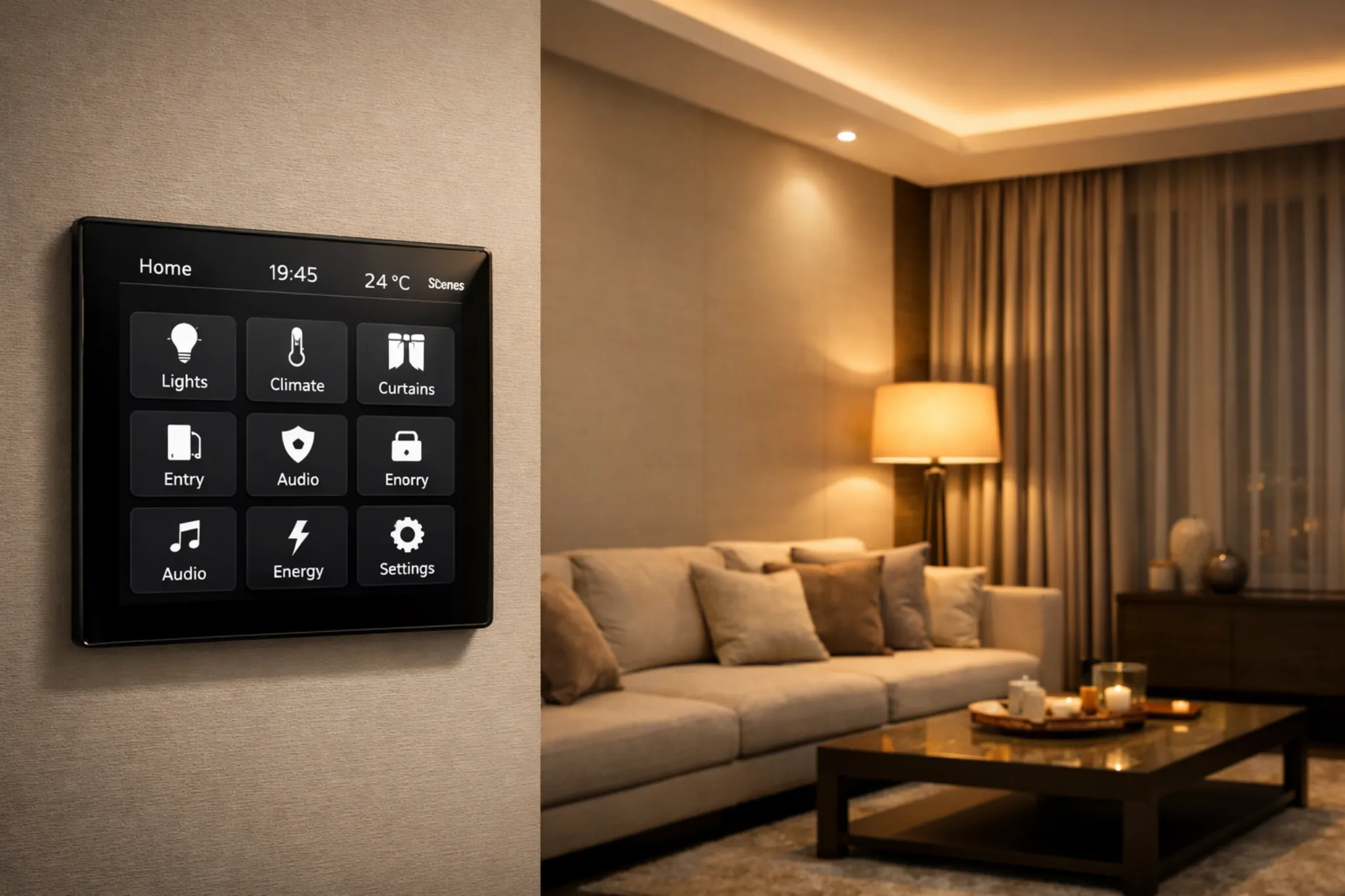Wall-mounted smart home control panel in a warm modern living room for smart home automation in Dubai