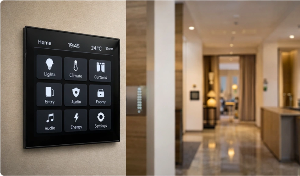 Wall-mounted smart home touch panel in a modern Dubai home for full smart home automation setup