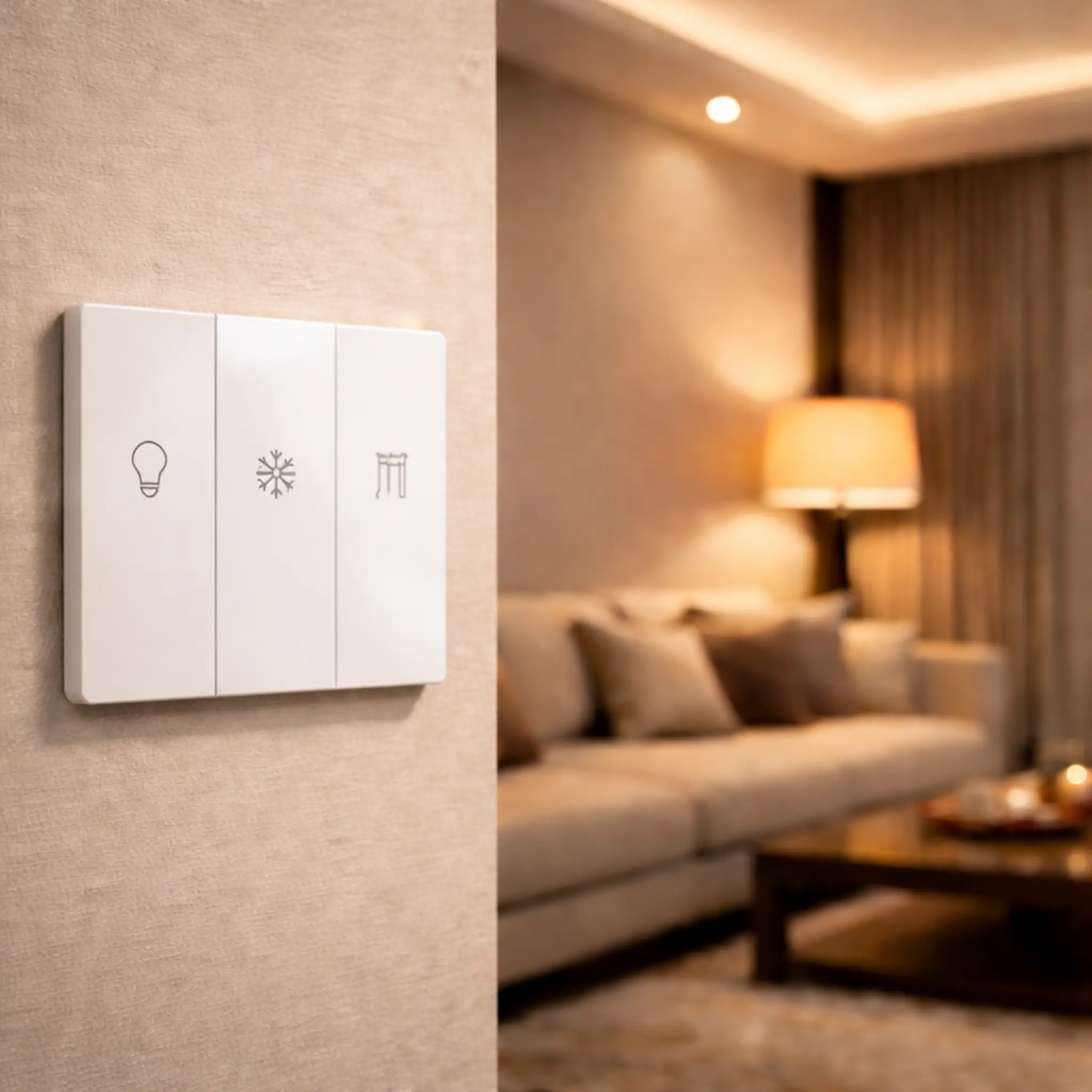Smart wall switch with lighting, AC, and curtain icons in a warm modern living room for smart home automation in Dubai