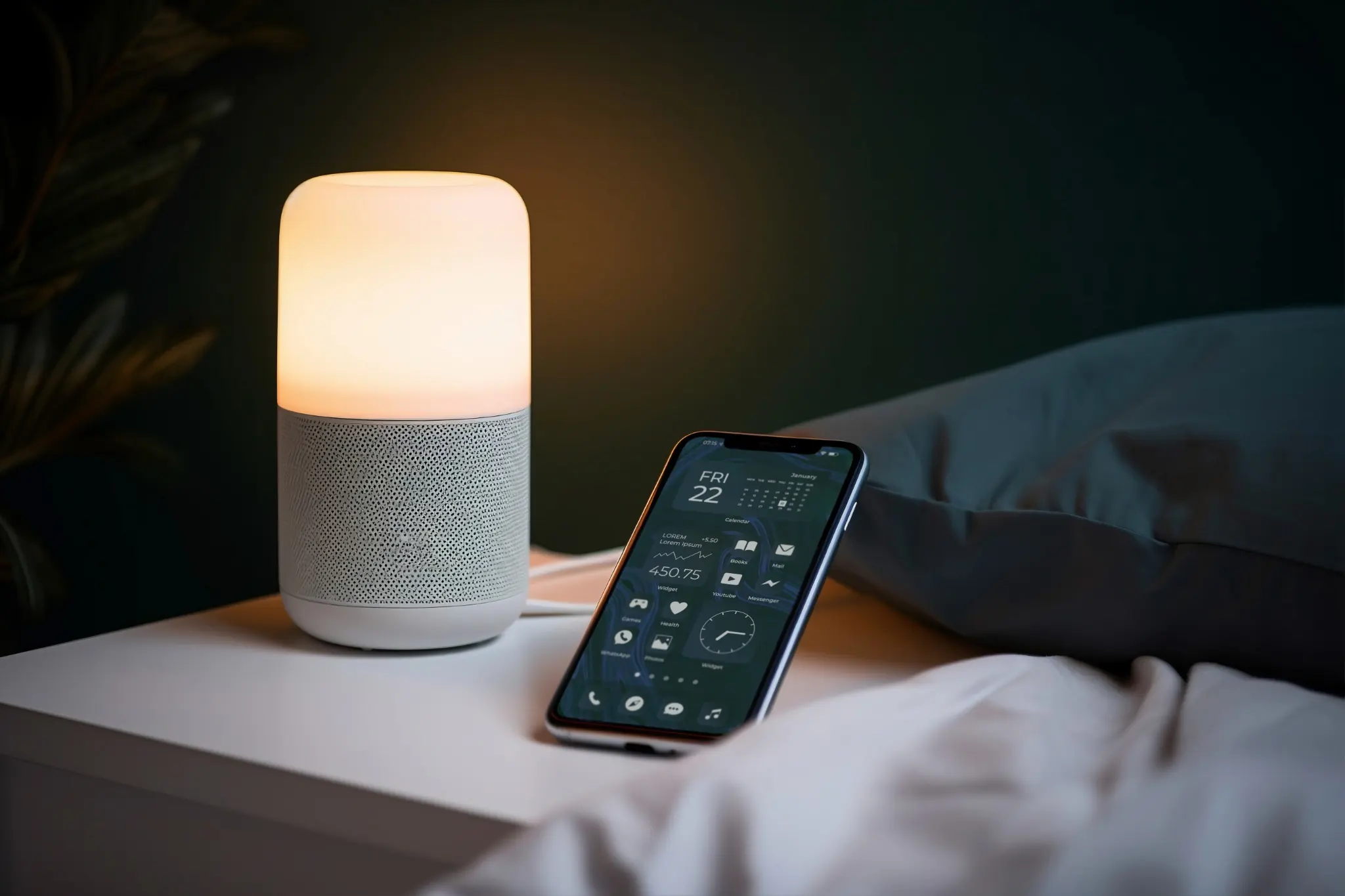 Smart bedside lamp controlled from a phone app for smart lighting control in Dubai