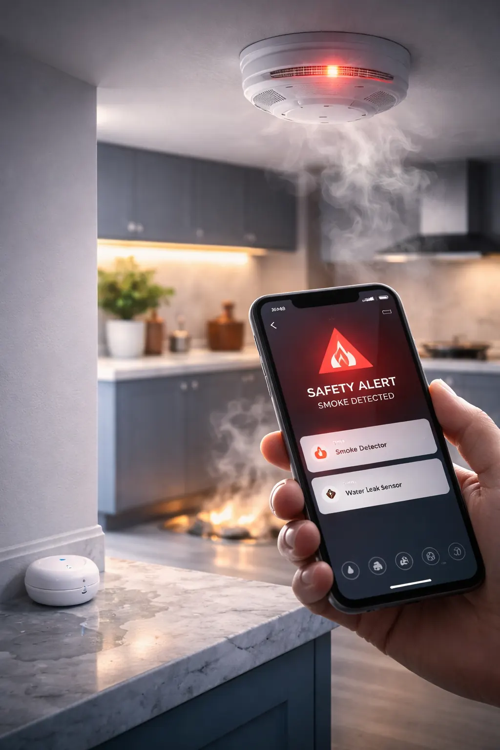 Smart safety alert on a phone with smoke detector and water leak sensor for smart home sensors in Dubai