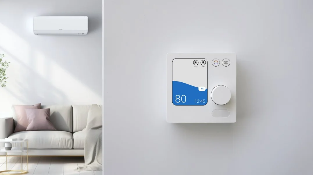 Smart thermostat on the wall controlling split AC for smart climate control in a Dubai home