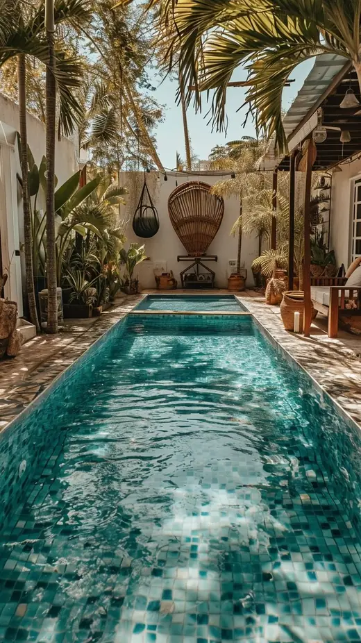 Custom pool design with mosaic tiles in a tropical courtyard setting