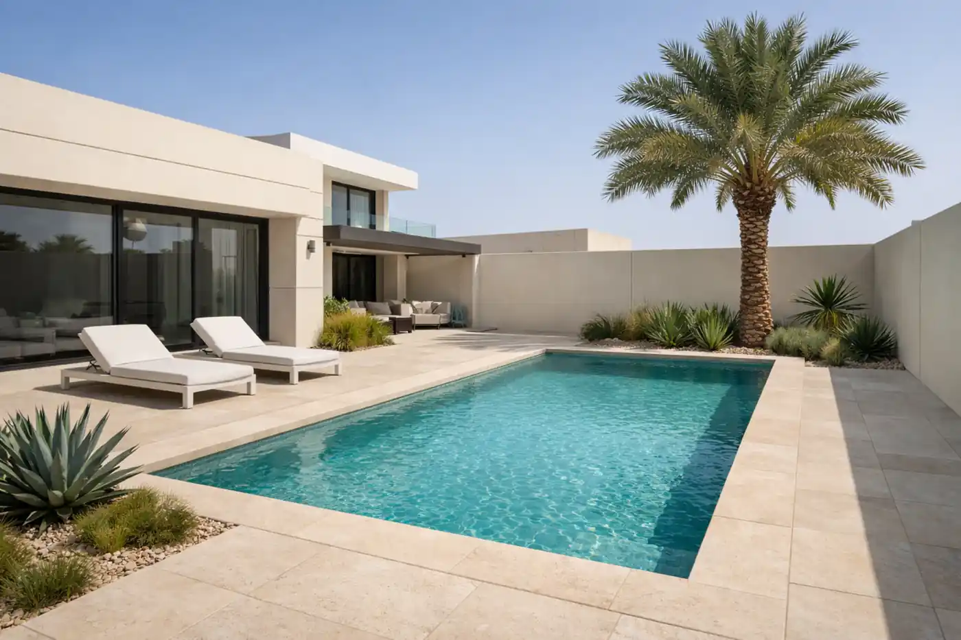 Modern Dubai villa pool design concept with a clean rectangular pool layout, light stone deck, and minimal outdoor seating.