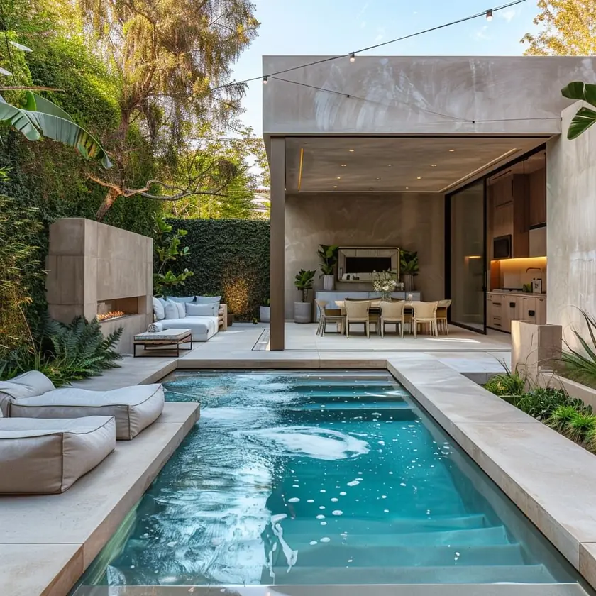 Plunge pool design in a courtyard setting with compact layout and modern outdoor seating