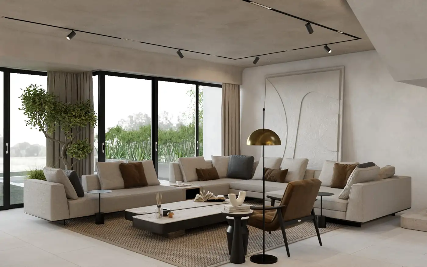 Modern minimalist living room concept for turnkey interior fit-out with track lighting, wall feature panel, and L-shaped sofa in Dubai