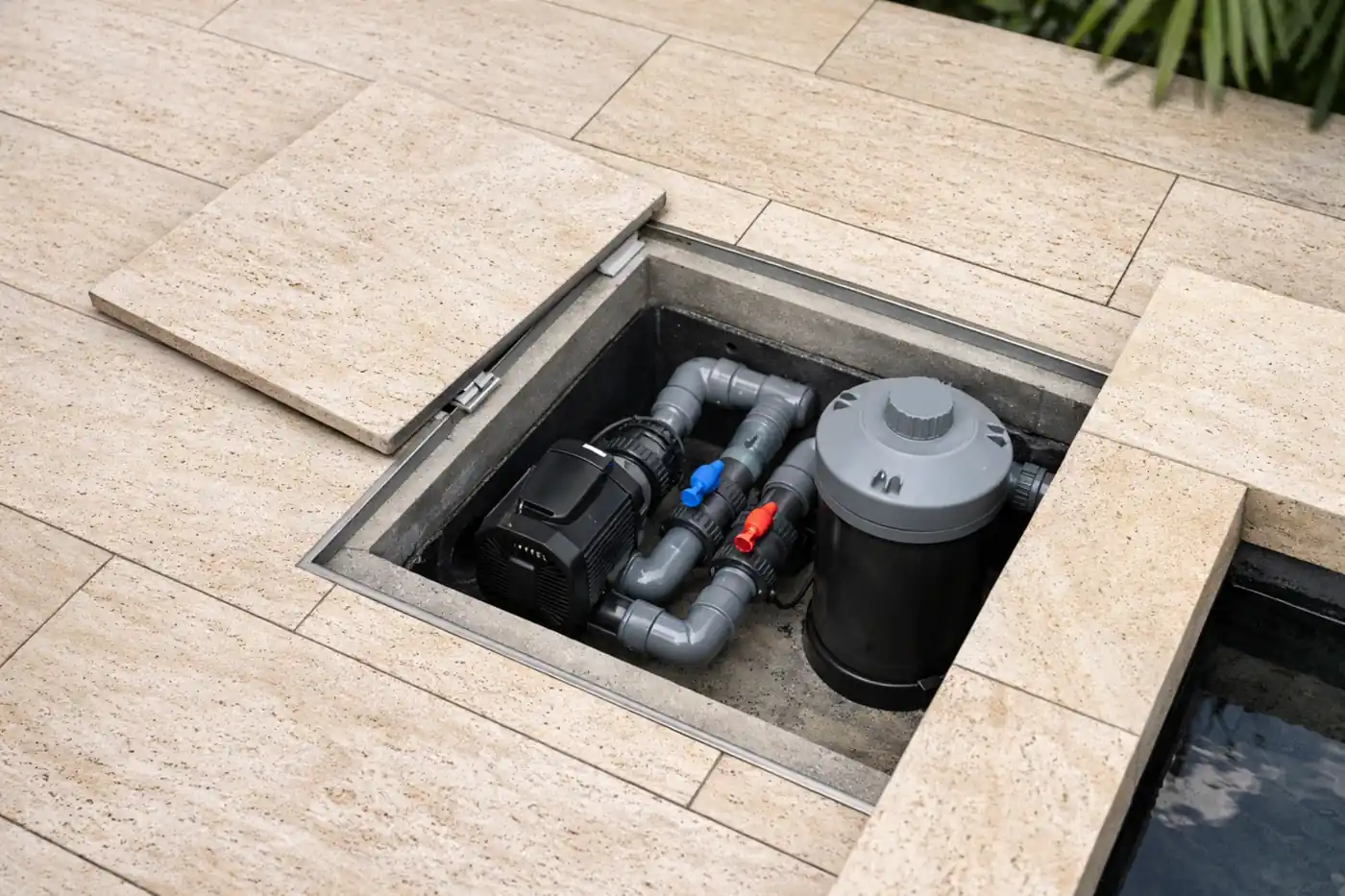 Water feature pump and filter access hatch in Dubai villa with serviceable plumbing and valves