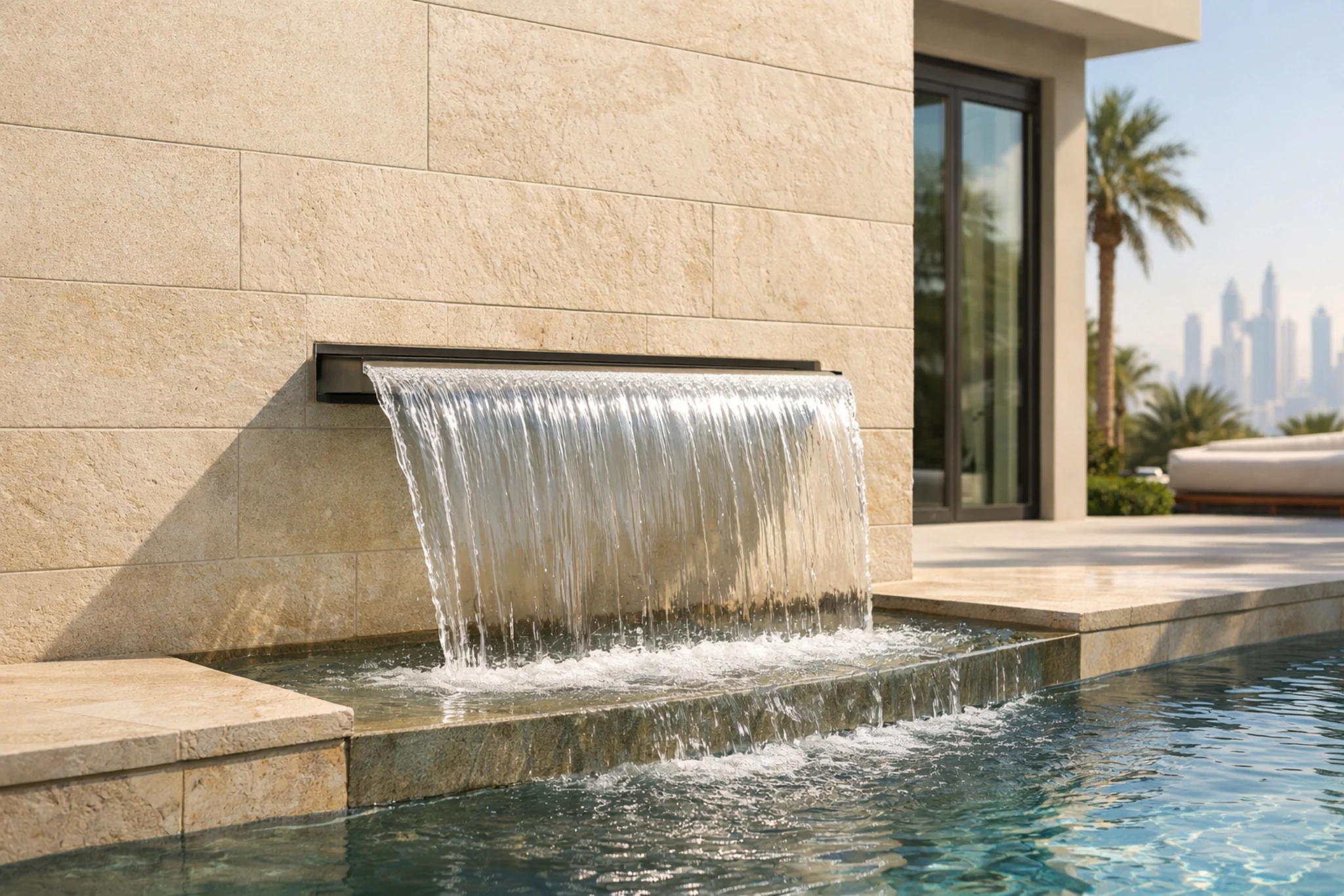 Modern villa pool wall spillway water feature in Dubai with a sheer descent waterfall