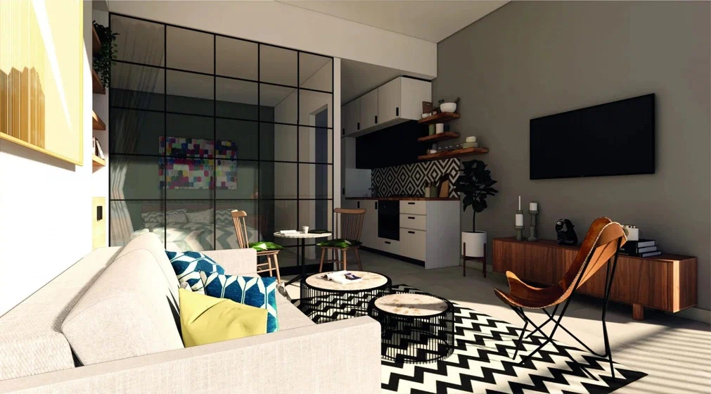 Investor turnkey studio apartment living room in Dubai with neutral styling for easy renting