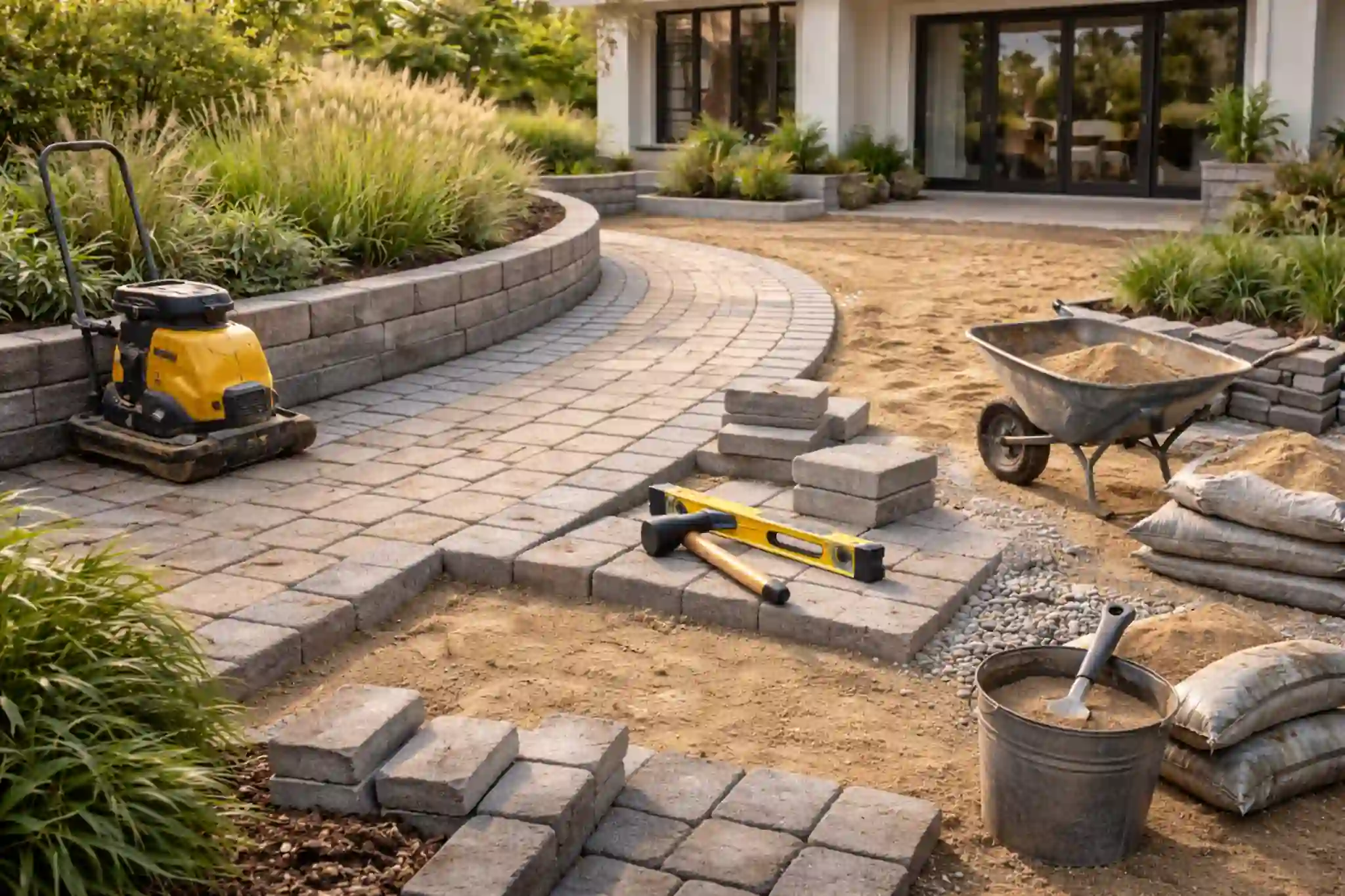 Hard landscaping in Dubai villa with interlock paving installation for walkway and patio