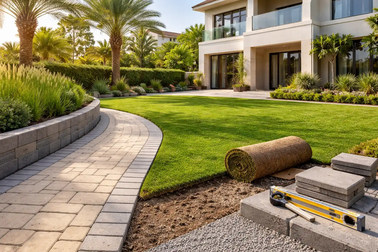 Landscape construction in Dubai villa with interlock pathway, planter edging, and turf installation