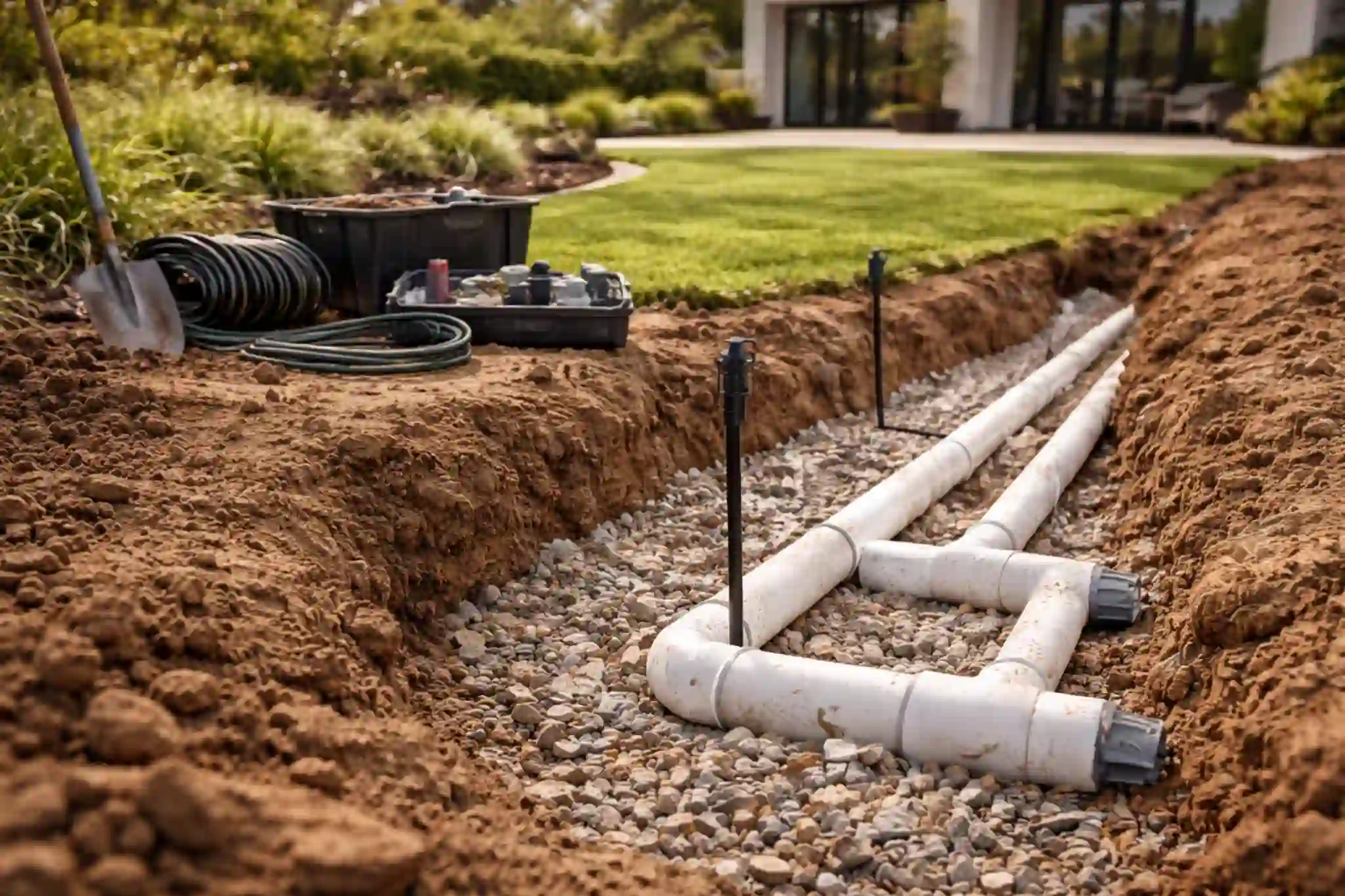 Irrigation route preparation during landscape construction in Dubai with trench, gravel base, and pipe routing