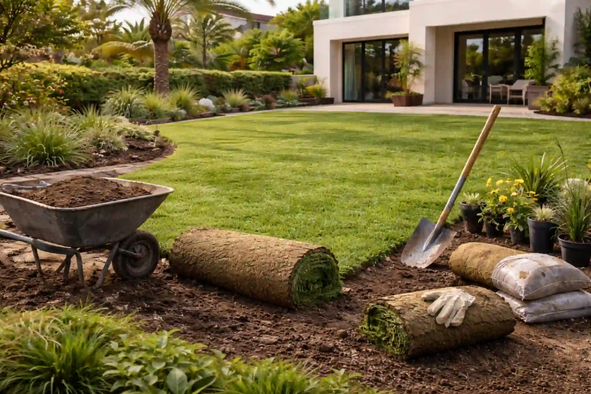 Soft landscaping in Dubai villa with turf installation, planting beds, and soil preparation