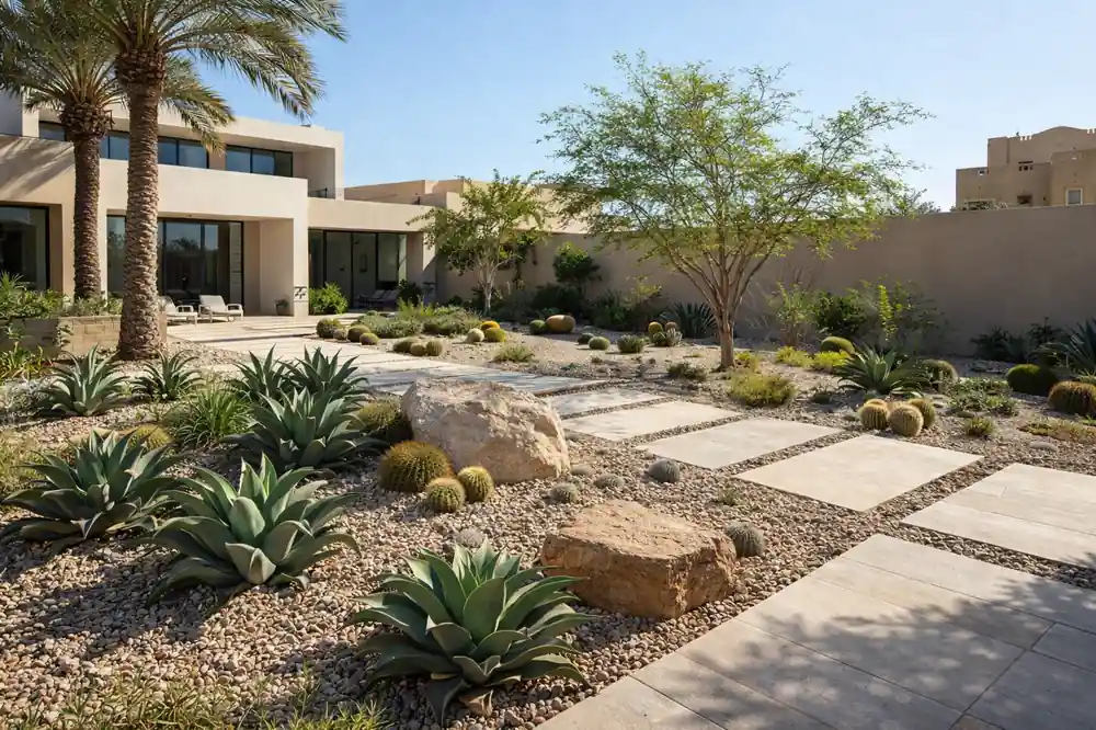Desert modern villa landscape design in Dubai with gravel, agave plants, boulders, and stone paving