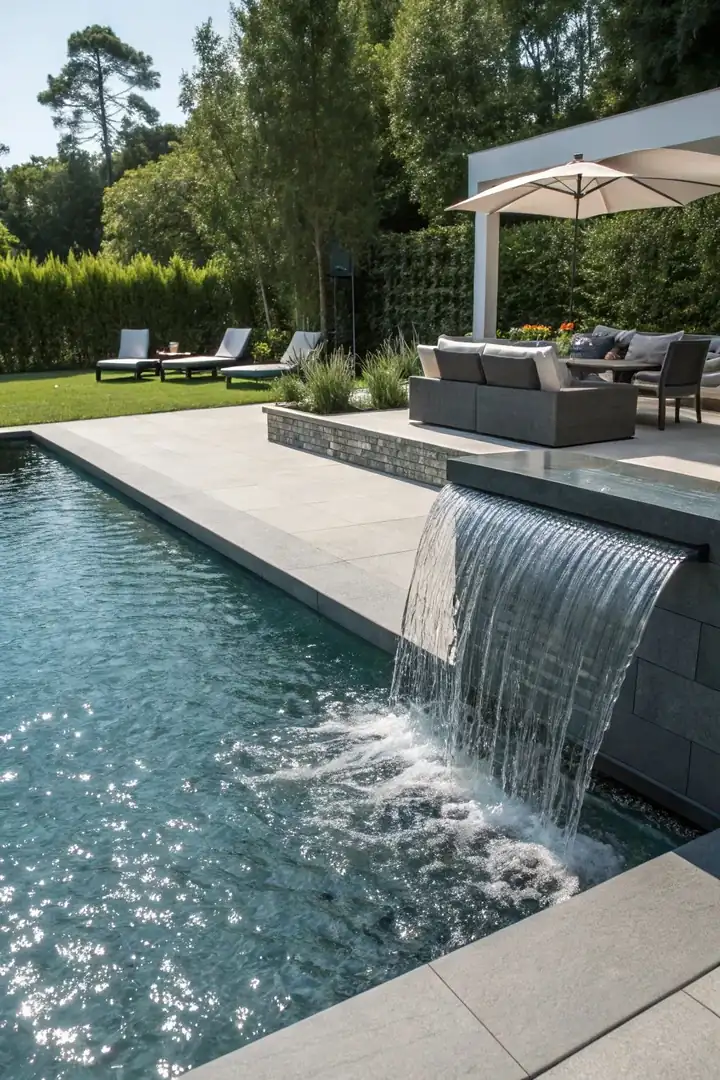Overflow pool design in Dubai with waterfall spillway feature
