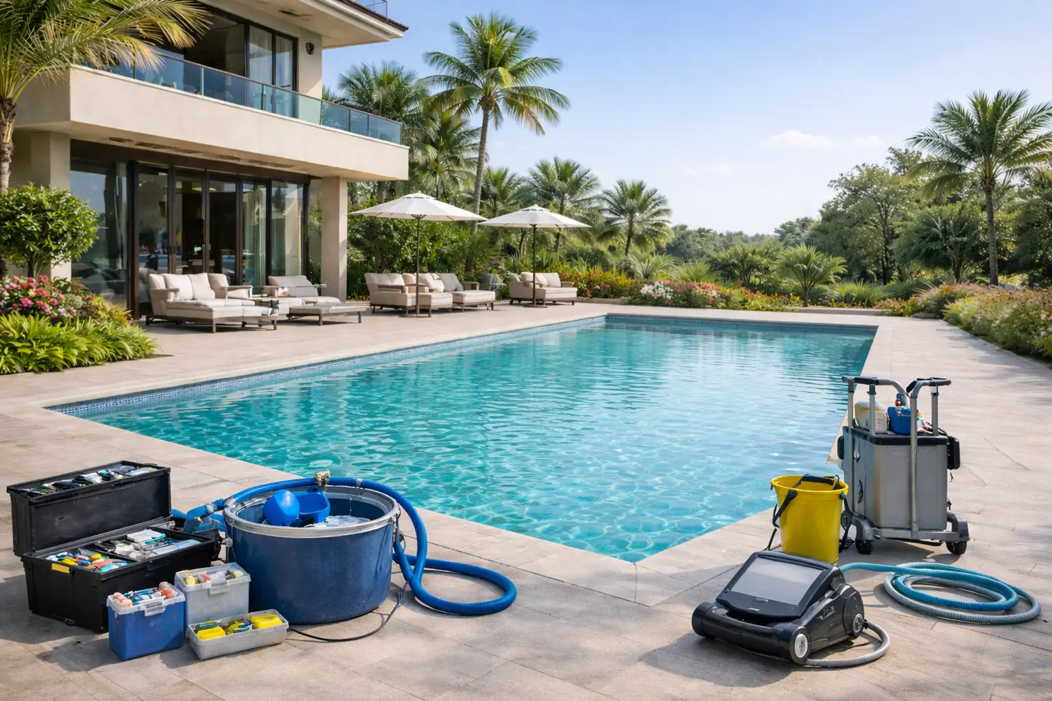 Swimming pool maintenance in Dubai with professional cleaning equipment set beside a villa pool and landscaped garden.