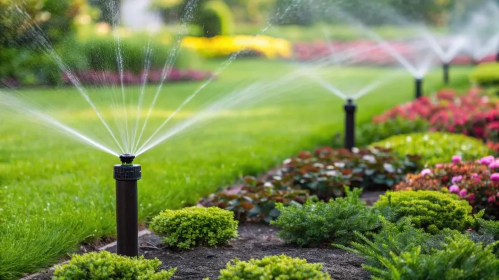 Garden sprinklers watering lawn edges and planting borders with even spray coverage