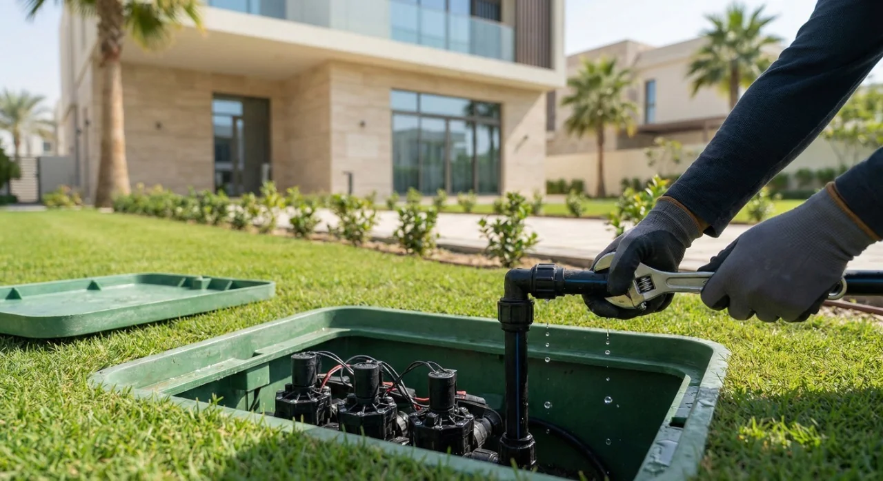 Technician fixing an irrigation pipe leak in a valve box for a Dubai villa garden