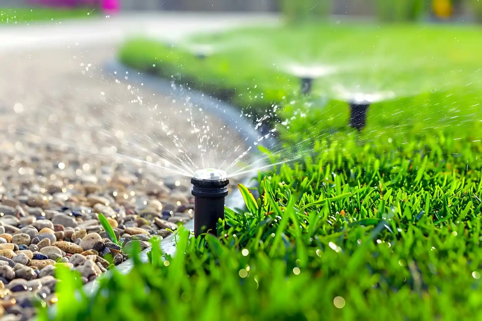 Pop-up sprinkler watering a lawn edge with an even spray pattern