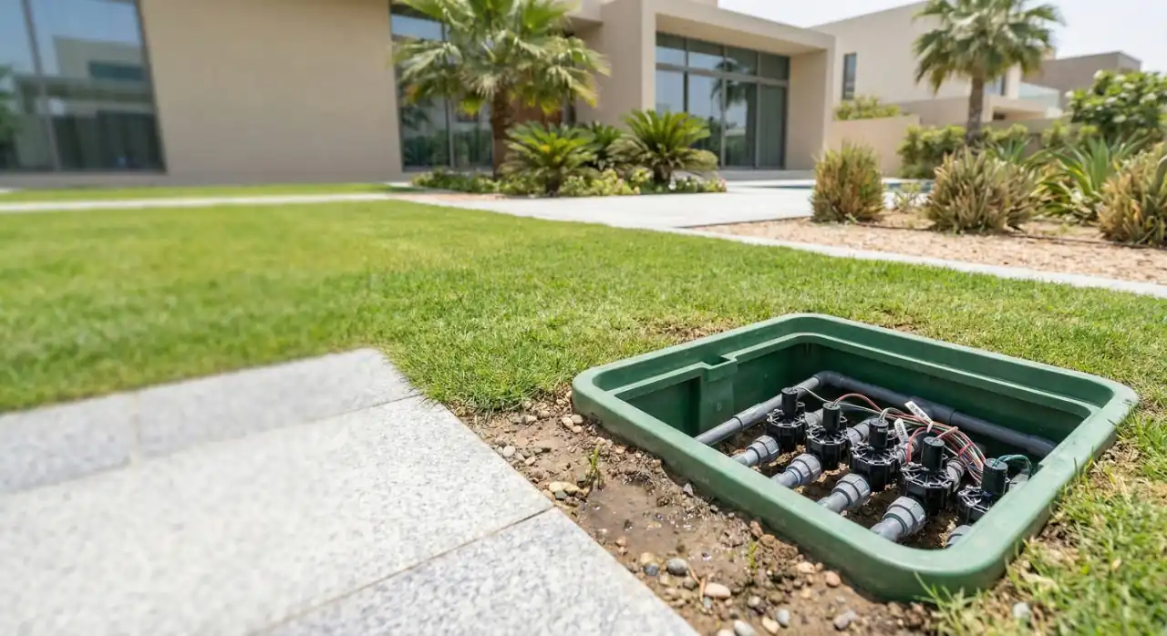 Irrigation valve box manifold for zone extensions and valve upgrades in a Dubai villa garden