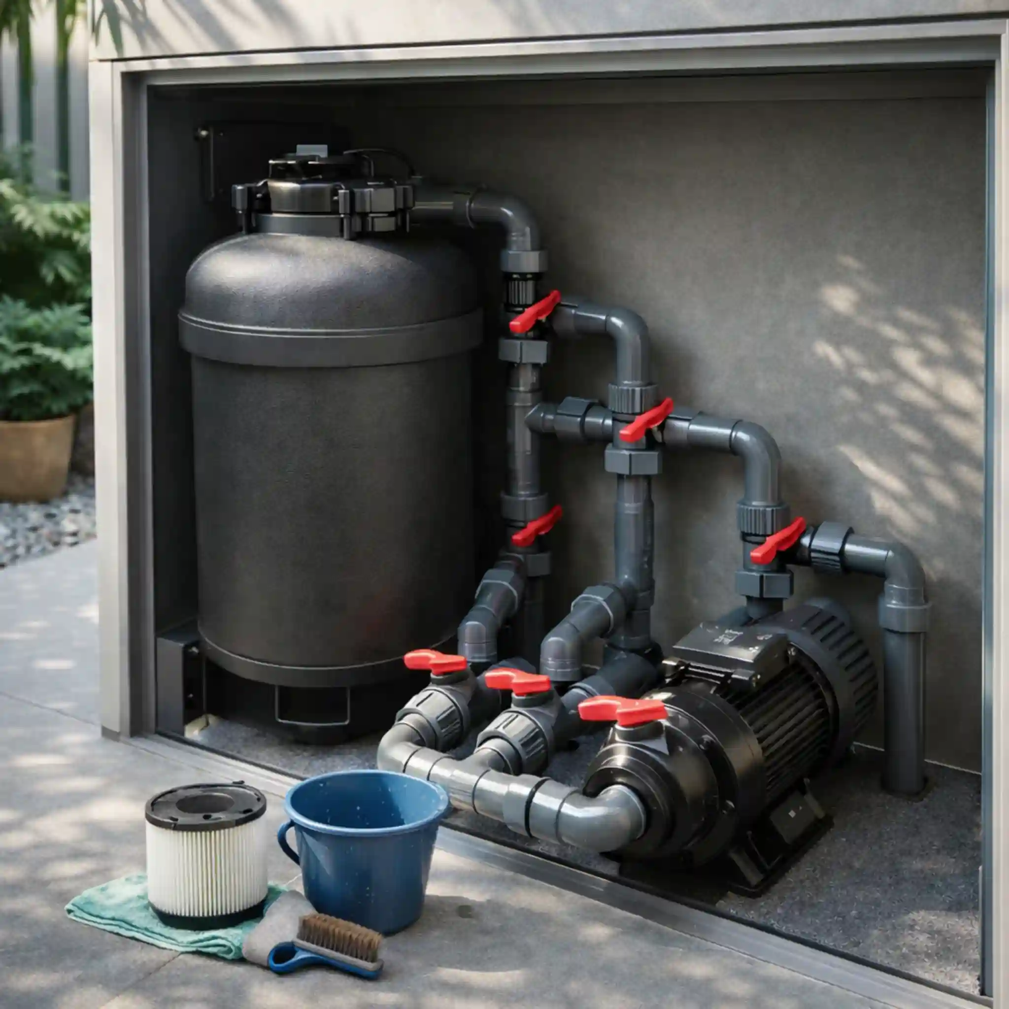 Water feature maintenance setup showing filter cleaning tools with an accessible pump and filtration cabinet in a Dubai villa courtyard.