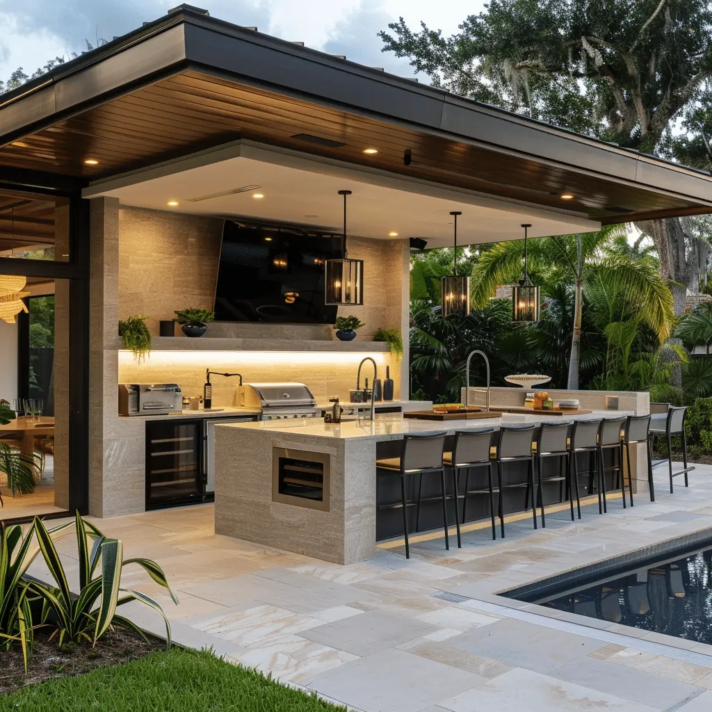 BBQ island with bar seating, built-in grill, sink, and prep counter in a luxury Dubai villa outdoor kitchen