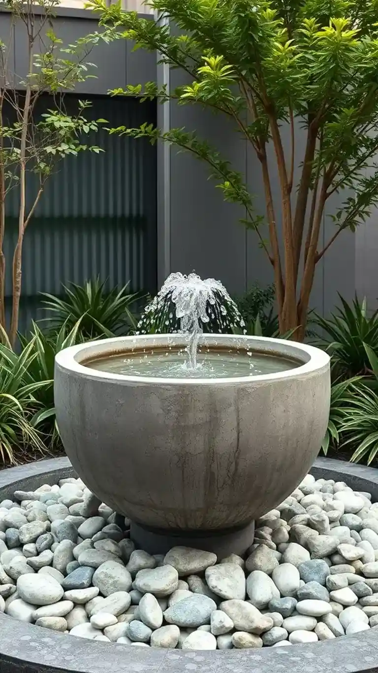 Concrete feature bowl fountain bubbling in a landscaped Dubai garden with white pebbles.