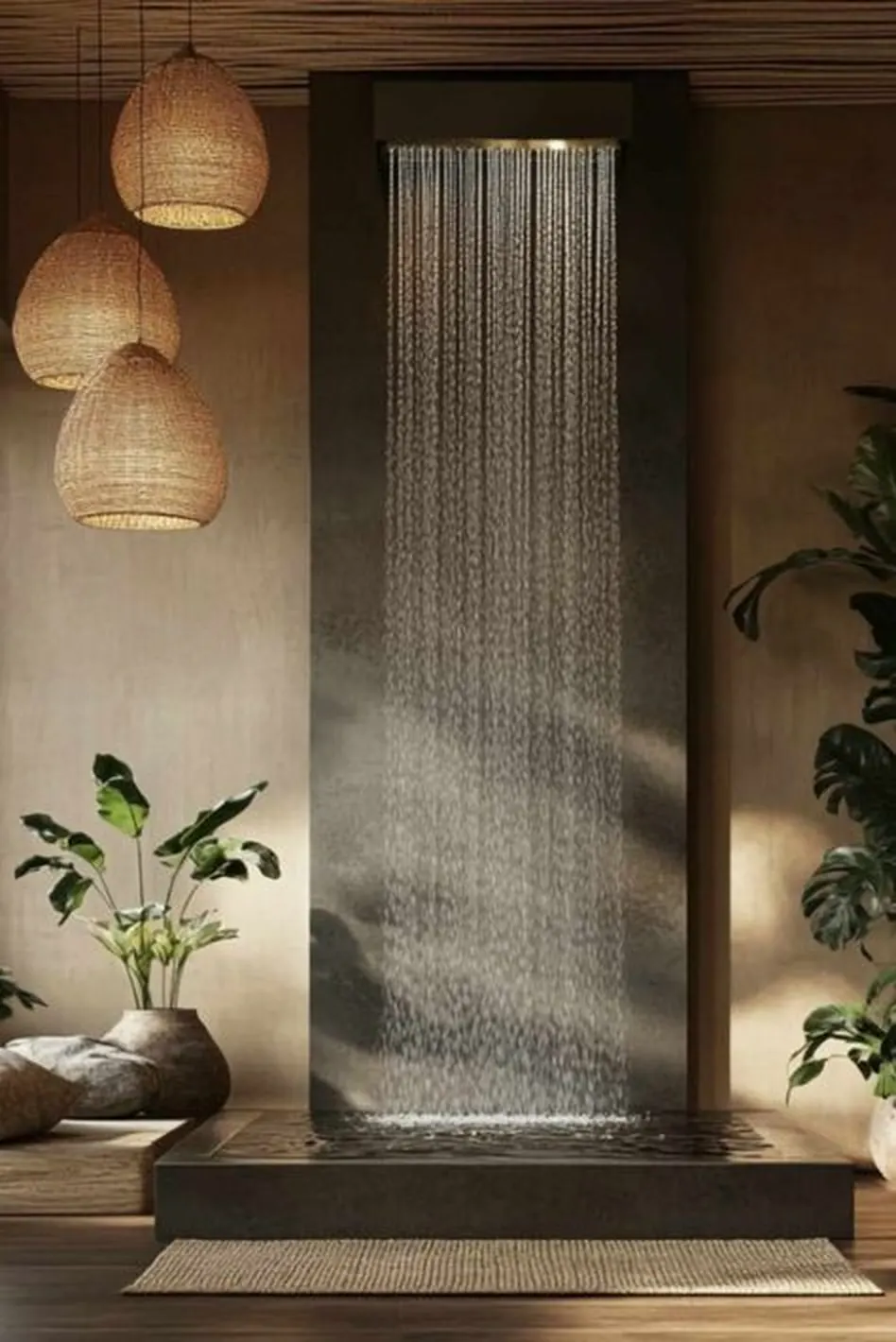 Indoor water wall feature with a continuous water curtain in a warm, modern Dubai interior.