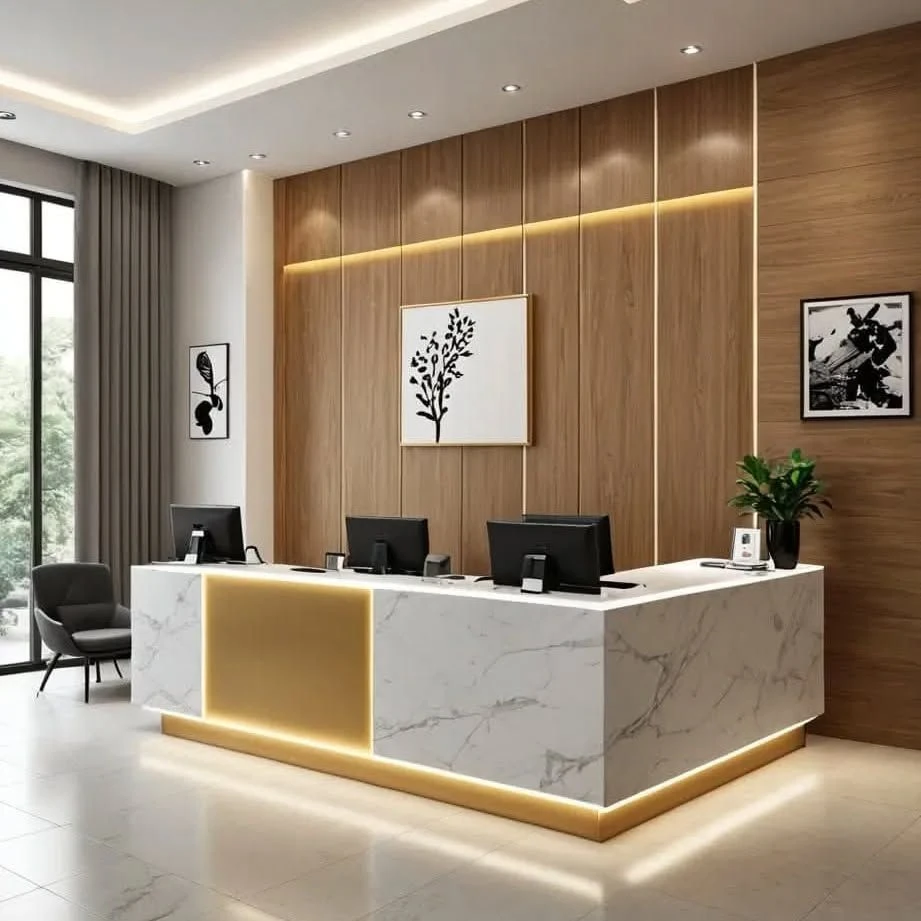 Modern office reception desk with marble-effect counter, warm LED base lighting, and wood wall cladding.
