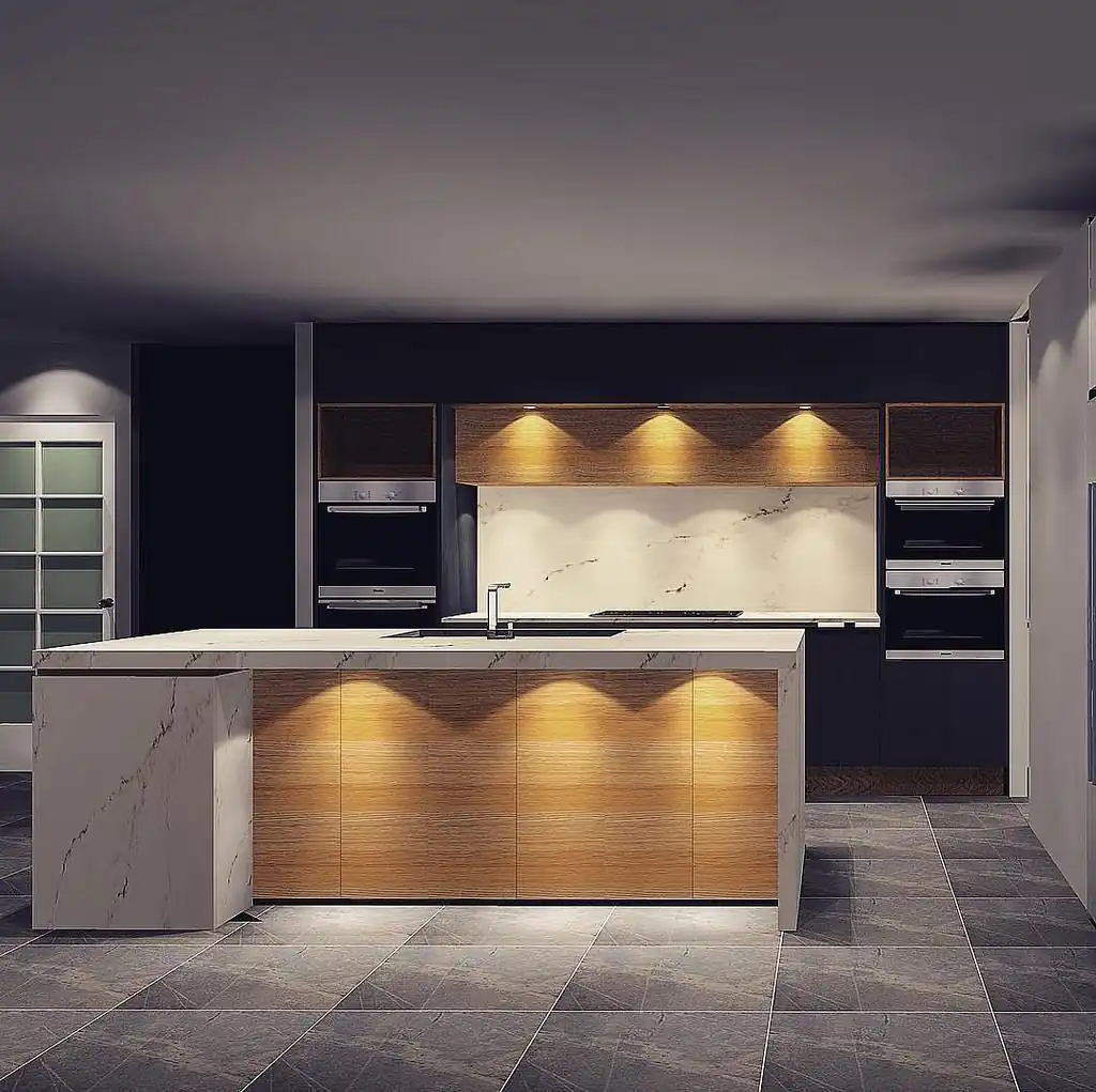 Modern kitchen island joinery with internal storage layout planning and warm lighting