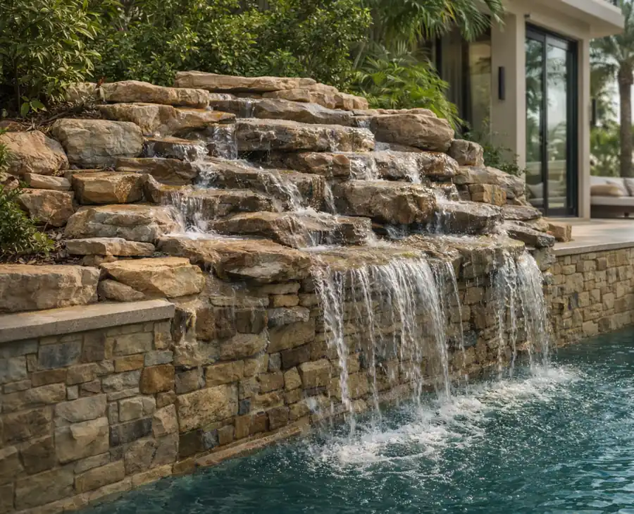 Natural stone waterfall feature cascading into a villa swimming pool in Dubai.