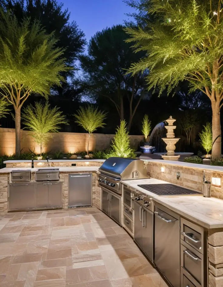 Outdoor kitchen with built-in BBQ, sink, storage cabinets, and safe appliance spacing in a Dubai villa garden