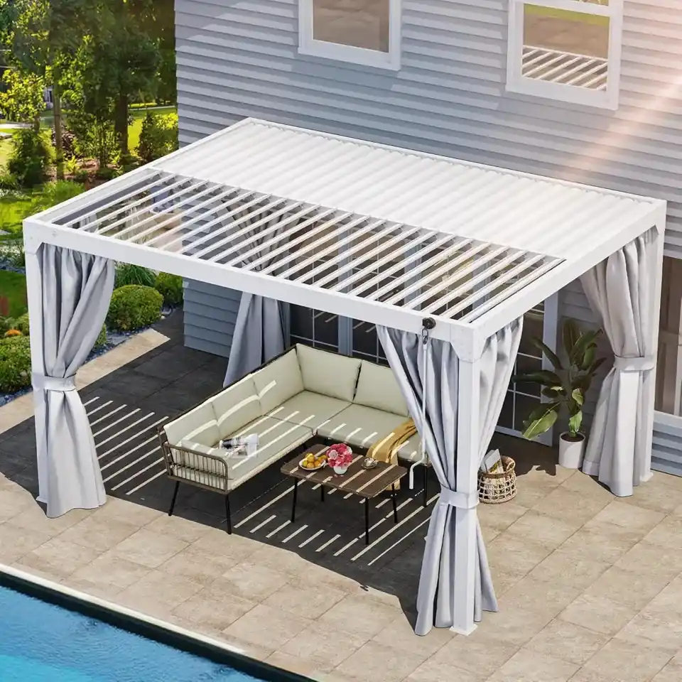 White aluminium fixed roof pergola shading a villa poolside patio seating area
