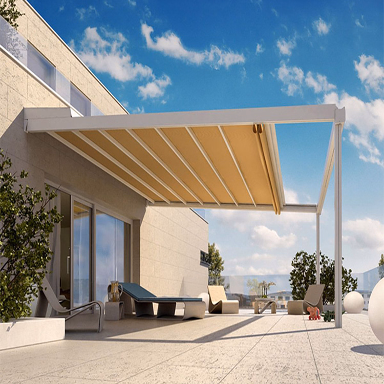 Motorized retractable pergola awning providing adjustable shade for a Dubai villa terrace