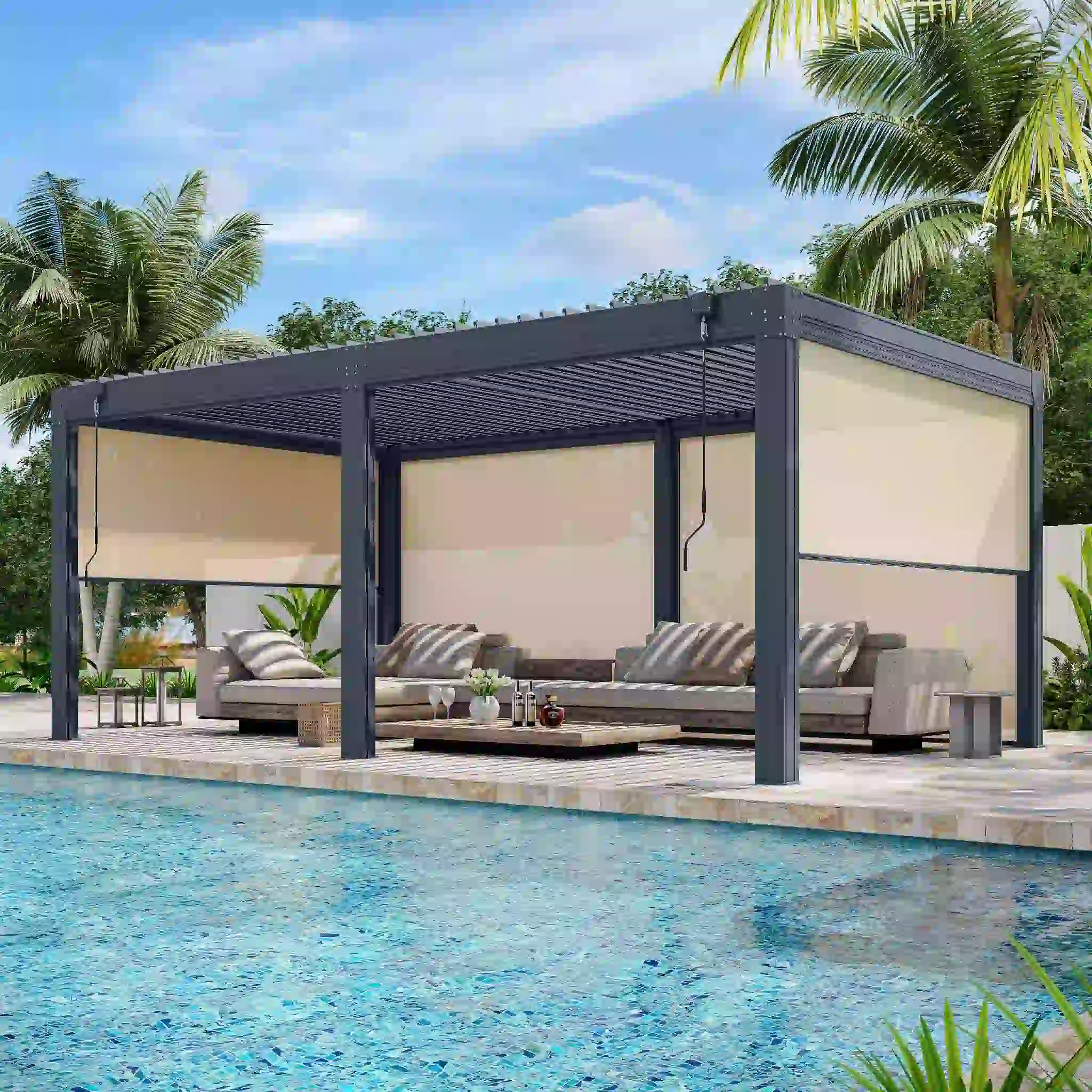 Aluminium pergola with privacy screens shading a poolside seating area in a Dubai villa