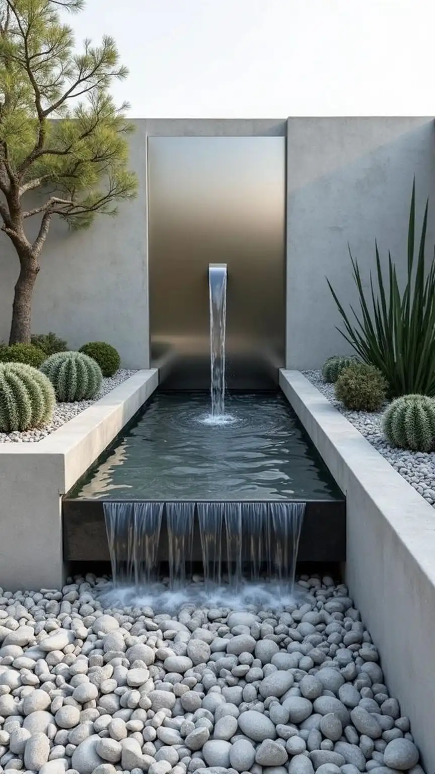 Modern pondless waterfall feature with spillway and hidden reservoir in a Dubai courtyard garden.