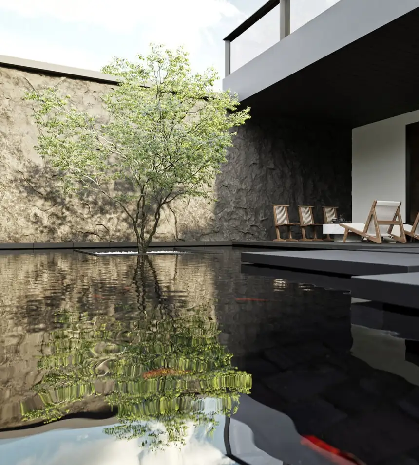 Modern reflection pond in a Dubai courtyard with clean lines and soft water reflections.