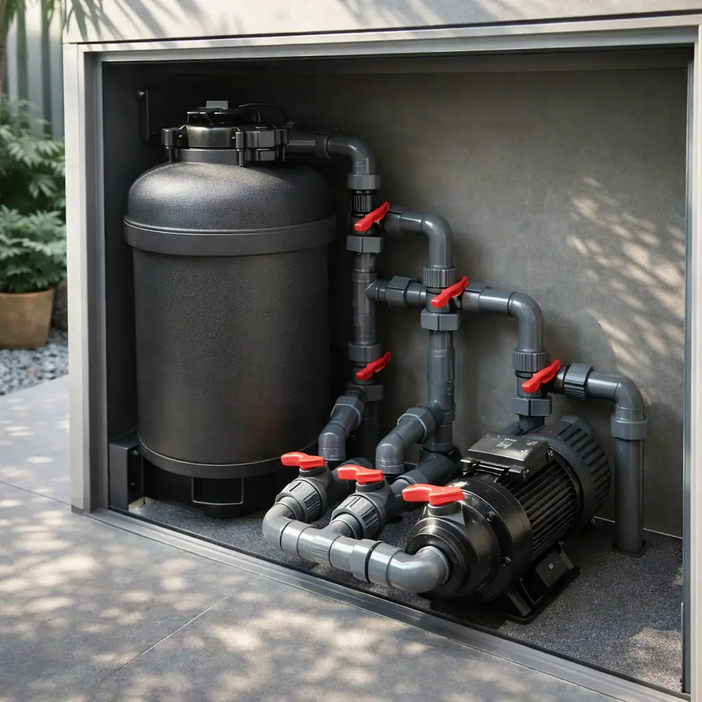 Clean water feature pump and filtration setup with valve access inside a Dubai villa service cabinet.