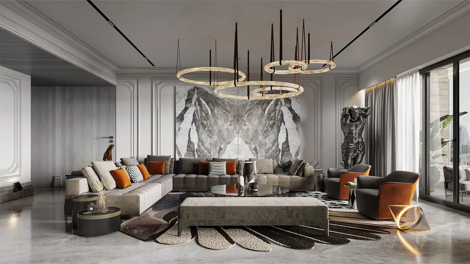 Modern luxury apartment living room renovation in Dubai with marble feature wall, designer lighting, and neutral seating by Home Base Interiors.