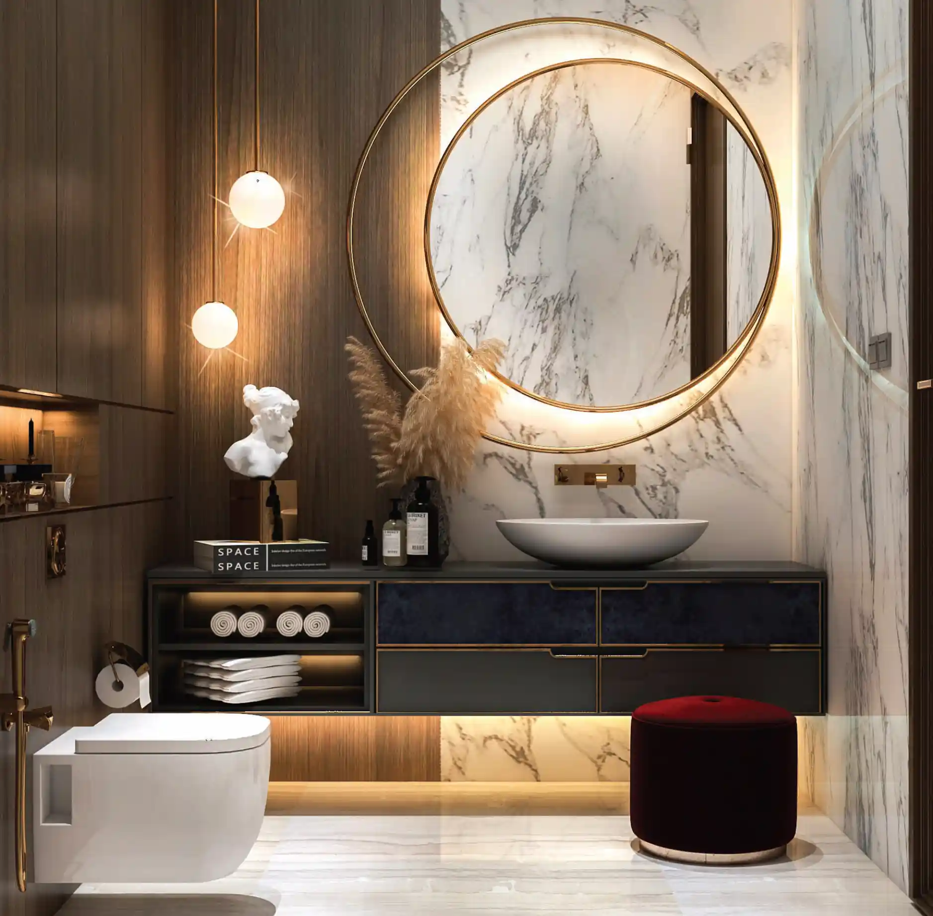 Luxury bathroom vanity cabinet with drawer storage, open towel shelf, and round backlit mirror in a modern Dubai bathroom.