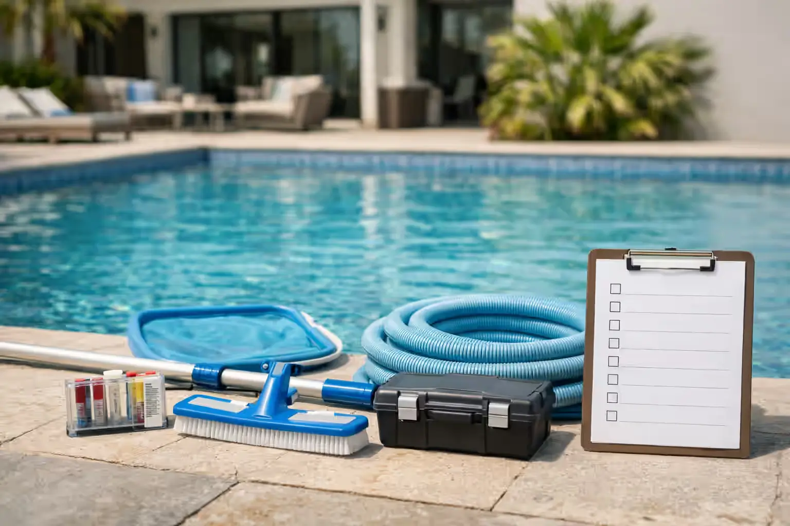 Pool maintenance visit checklist and cleaning tools beside a villa pool in Dubai by Home Base Interiors.