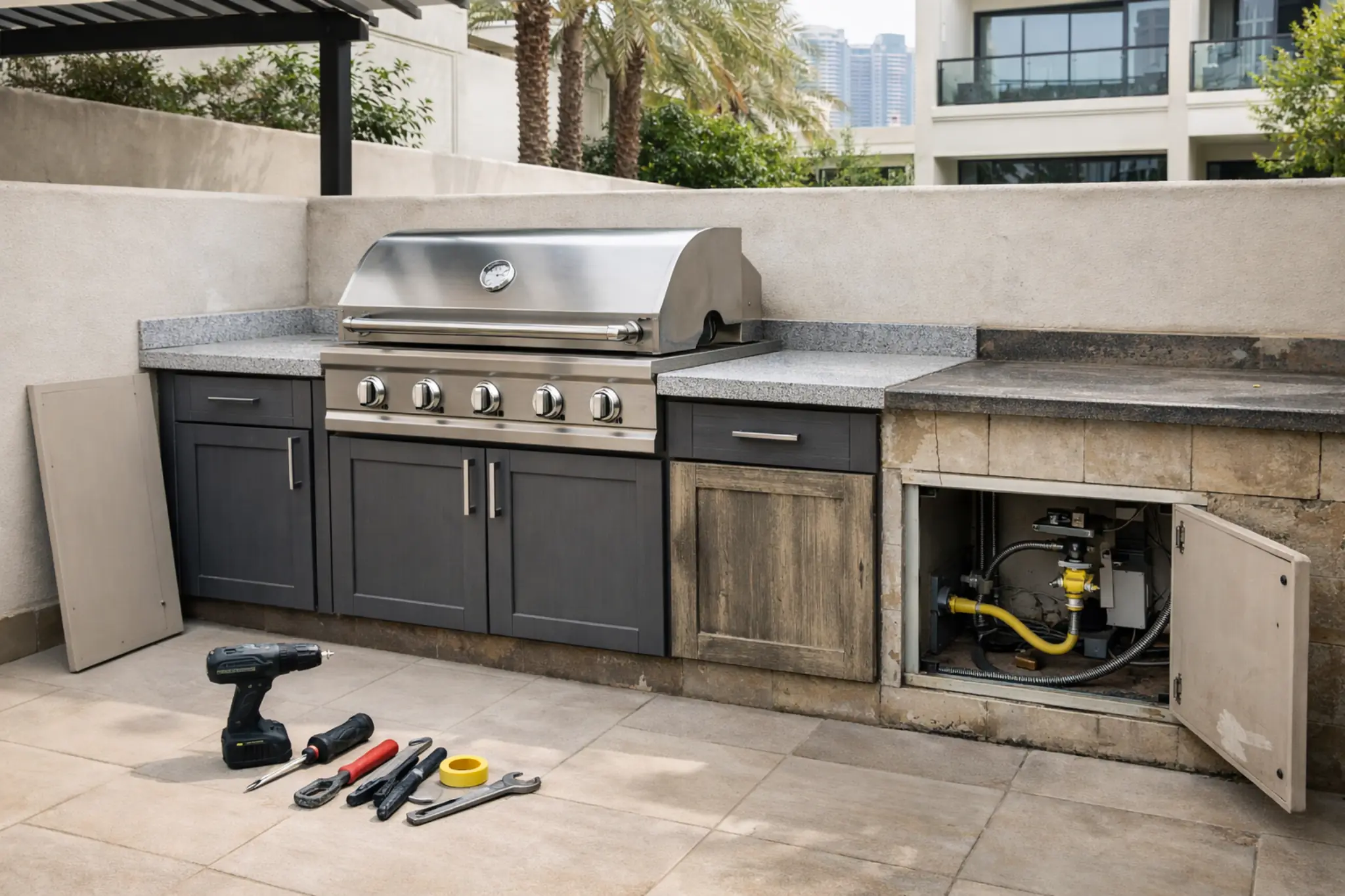 Outdoor BBQ repair and upgrade with replaced grill, new cabinets, and exposed gas connections in a Dubai villa by Homebase Interiors