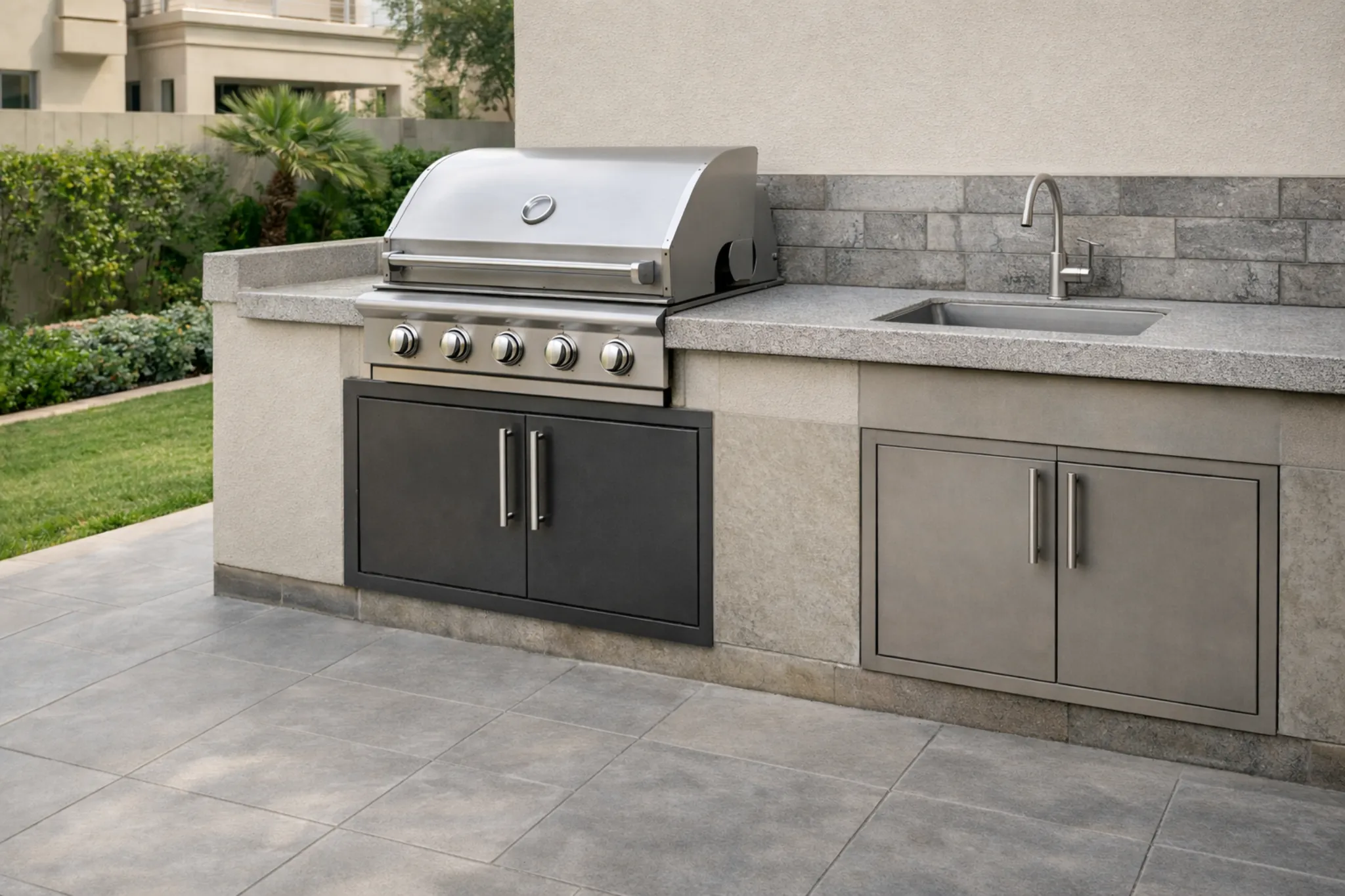 Outdoor BBQ kitchen with built-in grill, sink, and storage cabinets completed by Home Base Interiors in a Dubai villa garden
