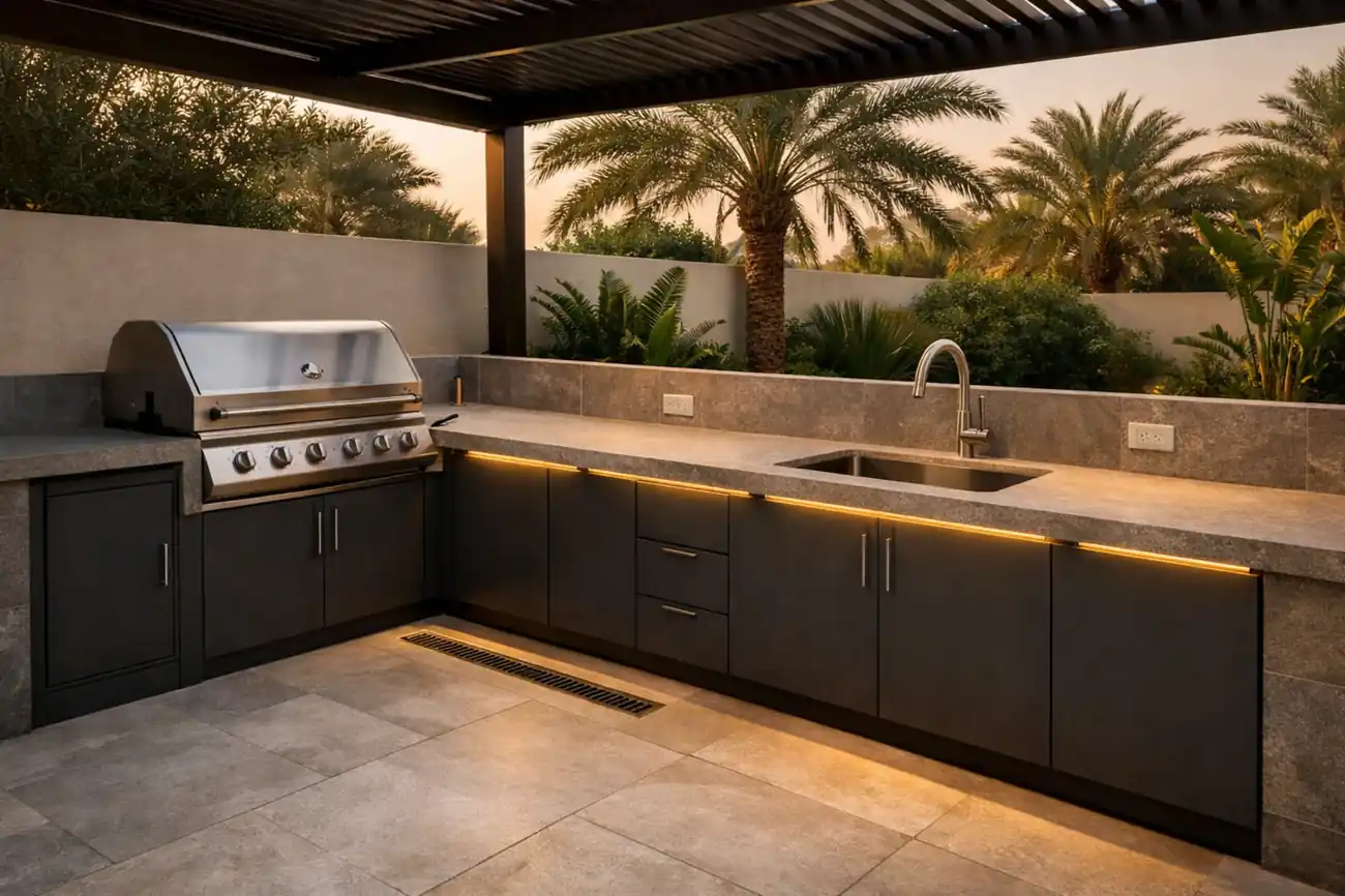 Outdoor kitchen with built-in BBQ, sink, power points, and proper drainage planned for safe daily use in a Dubai villa