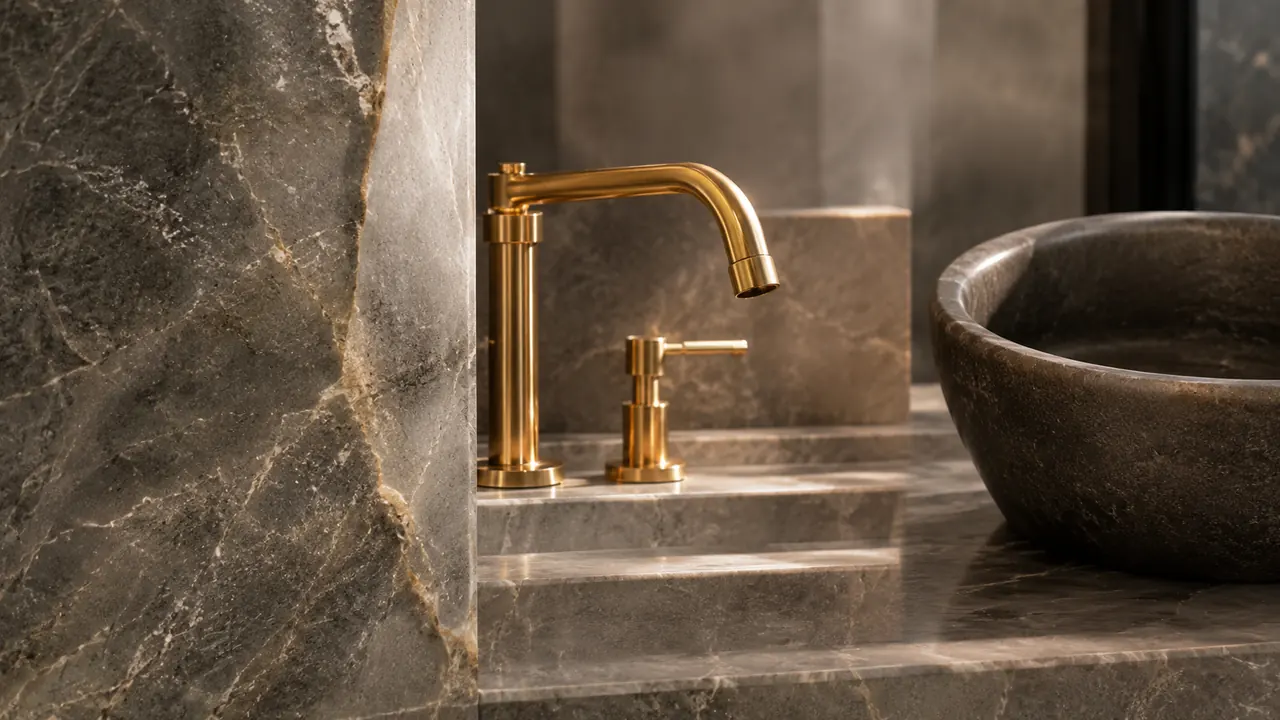 Bathroom Renovation 15 Luxury bathroom sink with dark marble, brass faucet, and stone basin showcasing finest materials by Home Base Interiors Dubai