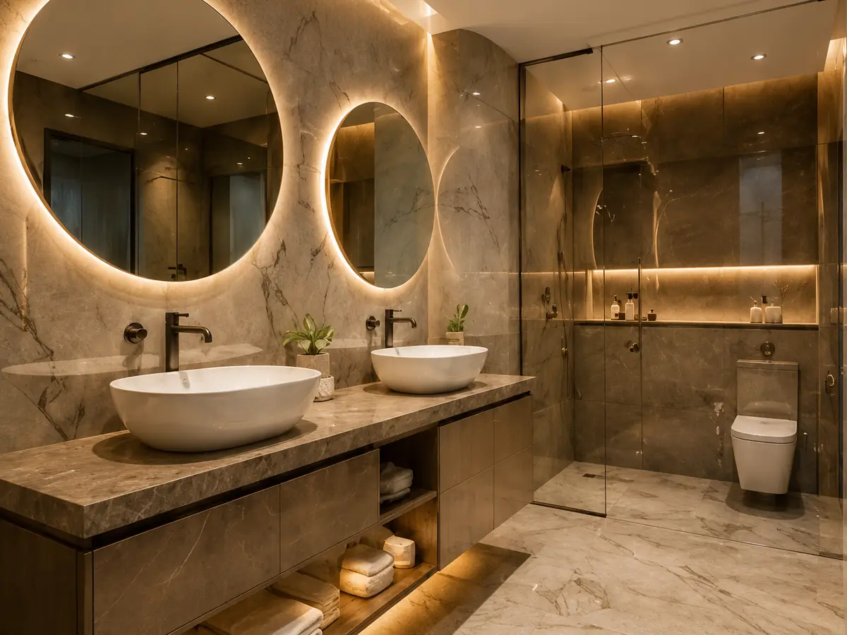 Bathroom Renovation 9 Luxury bathroom renovation cost in Dubai by Home Base Interior with marble vanity, glass shower and modern lighting