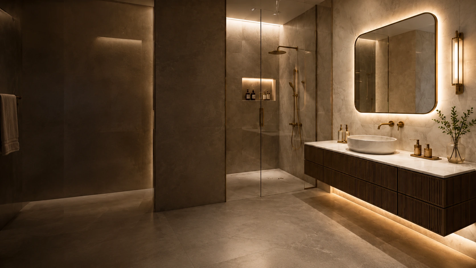 Bathroom Renovation 1 Luxury bathroom renovation in Dubai by Home Base Interior featuring a modern marble vanity, walk-in shower and warm ambient lighting